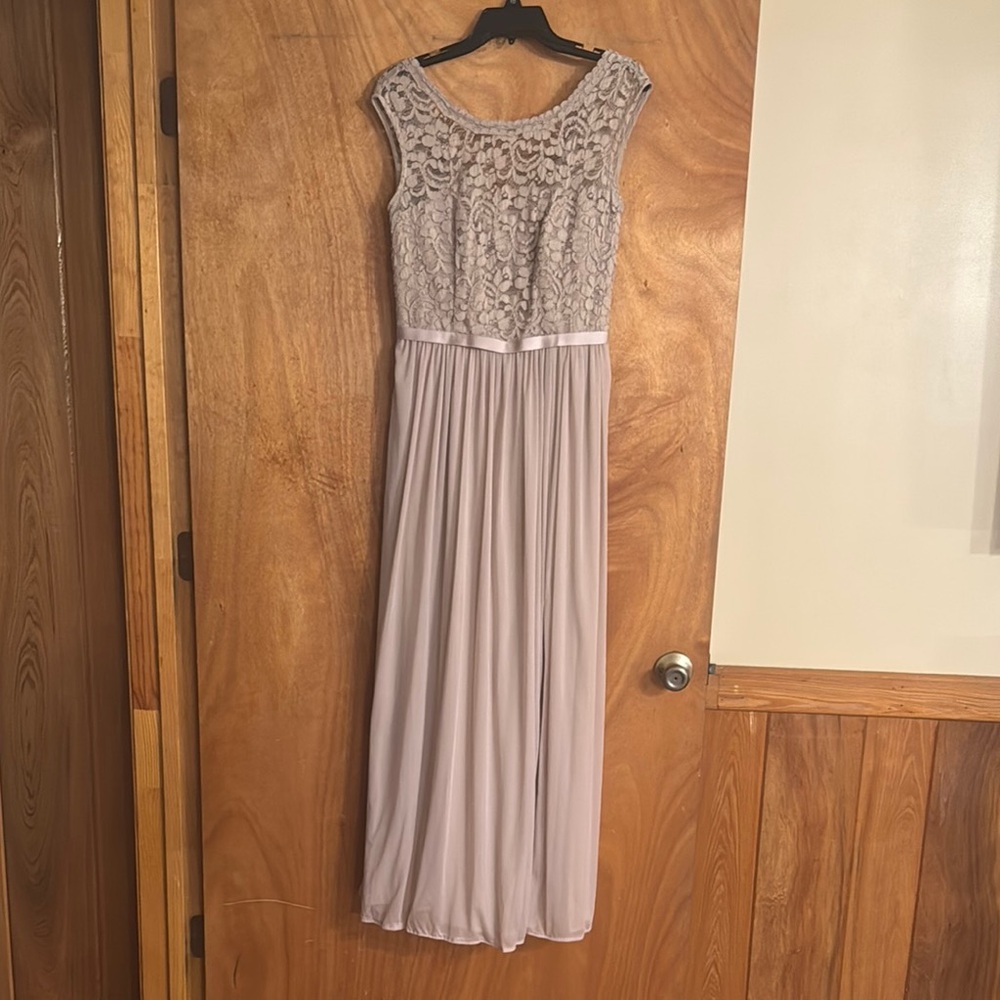 David's Bridal Elegant Lace Maxi Dress in Light Biscotti